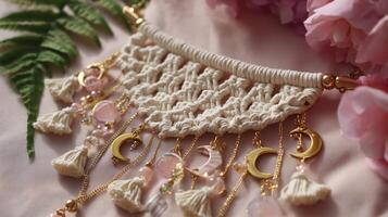 Wall hanging decor showcasing intricate macrame design with gold accents and decorative elements created in a bright, floral setting photo