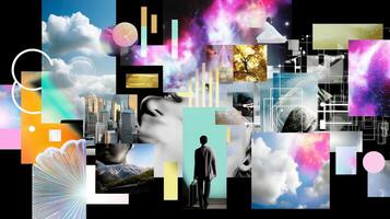 Modern collage of abstract art and cloud imagery featuring a person standing in an urban landscape during a vibrant twilight setting photo