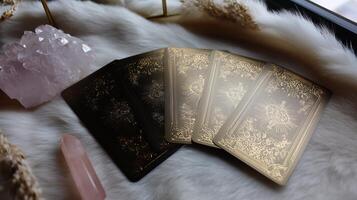 Tarot cards displayed on a soft surface with crystals during a mystical evening reading session photo