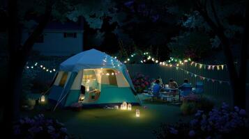 Evening gathering around tents and lights in a backyard during summer photo