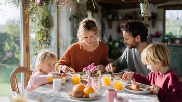 Family enjoys breakfast together at home in a cozy setting on a sunny morning, sharing laughter and delicious food photo