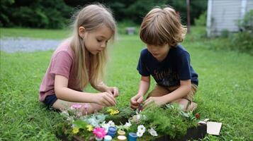 Children engaged in crafting a miniature garden in a backyard on a sunny afternoon photo
