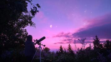 Stargazer observing the night sky with a telescope during twilight hours in a serene landscape photo