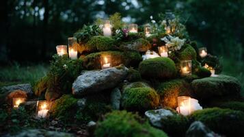 Candles illuminate a serene stone altar surrounded by moss and flowers during twilight in a forest setting photo