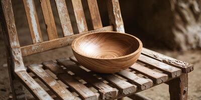 Wooden bowl rests on a rustic chair in a cozy, warmly lit space with natural textures and earthy tones photo