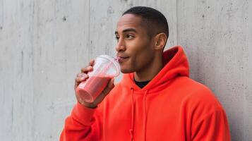 Young man enjoys a refreshing drink while leaning against a concrete wall in a casual urban setting photo