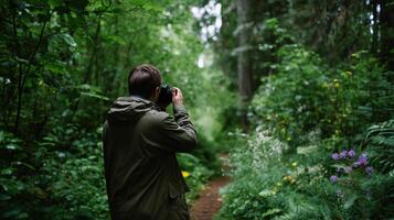 Nature enthusiast captures images in lush forest trail during a peaceful afternoon walk in scenic landscape photo