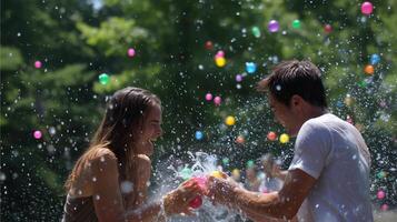 People enjoy playful water balloon fight in sunny park on a warm summer day photo