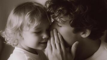 Intimate moment between a father and child sharing a secret in a softly lit room photo