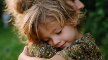 Loving embrace between parent and child in a serene outdoor setting during golden hour photo