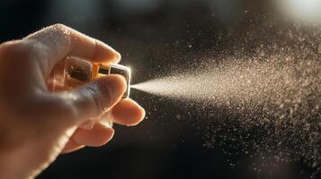 Hand sprays fine mist of liquid in warm sunlight creating an ethereal atmosphere over a blurred background photo