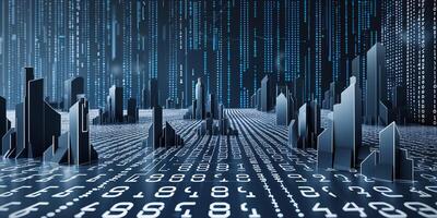 Digital cityscape with binary code and futuristic skyscrapers representing technology and data in a virtual world photo