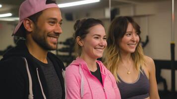 Group of friends smiling and posing after an energetic workout session at a gym during the evening photo