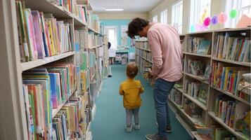 Child exploring library shelves with adult supervision in a bright, colorful environment during daytime photo