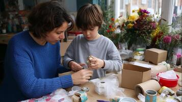 Creative crafting session between a parent and child in a colorful workspace with flowers during the afternoon photo