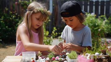 Children creating miniature gardens together outdoors on a sunny day while surrounded by greenery photo
