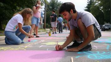 Creative street art event attracts community members of all ages as they paint colorful designs on the pavement in the afternoon photo