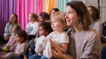 Children enjoy storytelling session with parents at community center in vibrant, colorful setting photo