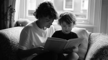 Mother and child share an intimate reading moment by the window on a rainy afternoon photo