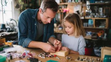 Father and daughter enjoy creative time together in a workshop while building a project photo