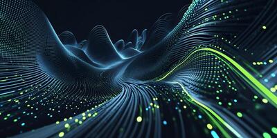 Dynamic abstract wave patterns flowing with vibrant light particles in a digital landscape at night photo