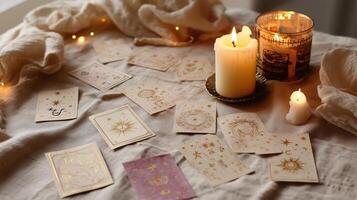 Mystical tarot card reading with illuminated candles and esoteric symbols during evening relaxation photo
