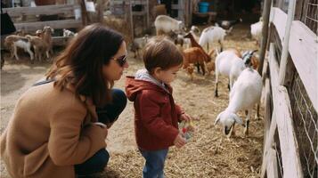 Mother and child enjoy interacting with goats at a farm during a sunny afternoon in a rural setting photo