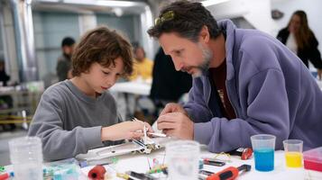 Father and son collaborate on a creative project during a weekend workshop in a modern community space photo