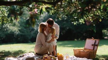 Family enjoys a sunny picnic under a large tree in the park during a warm afternoon photo