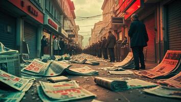 Crowd of people lining the streets amidst scattered newspapers in an urban setting during dusk photo