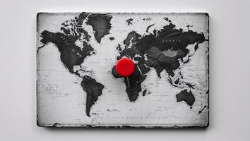 Map showcasing the world with a red pin marking a specific location, perfect for travel planning and exploration photo