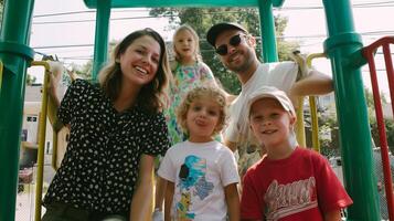 Family enjoying fun time at the playground during a sunny afternoon with kids playing and smiling photo