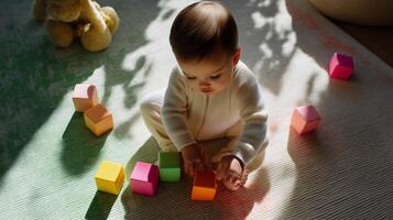 Baby playing with colorful blocks in sunlit room on a cozy rug during afternoon photo