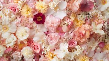 Floral arrangement showcasing a vibrant display of various flowers in soft pastel colors during springtime photo