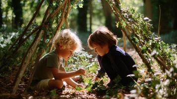 Children explore nature and build a fort in a sunny forest during a warm afternoon in late summer photo