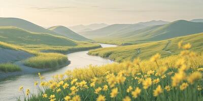 Serene river flowing through rolling hills and vibrant yellow flowers under soft morning light photo