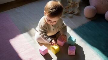 Baby engaged in play with colorful building blocks on a cozy rug in a sunlit room during the afternoon photo