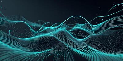 Vibrant digital wave patterns create a mesmerizing abstract landscape of lines and dots in a futuristic space photo