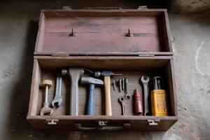 Set of hand tools inside a wooden toolbox for repairs and maintenance projects photo