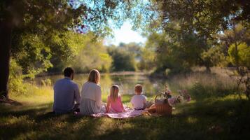 Family enjoys a peaceful picnic by the serene lake on a warm sunny day in a lush green park photo