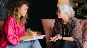 Engaging conversation between two women in a cozy setting during a consultation session photo
