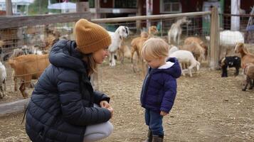 Woman interacts with child at farm surrounded by goats in early afternoon, creating a memorable experience in nature photo