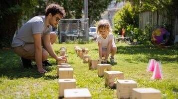 Child and adult engaged in outdoor block game activity in a sunny backyard on a warm afternoon photo