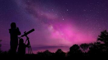 Stargazing adventure with telescopes under the vibrant Milky Way at night in a serene outdoor location photo
