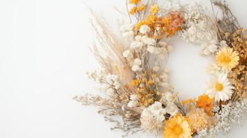 Wreath made of dried yellow and white flowers arranged on a light background for home decor photo