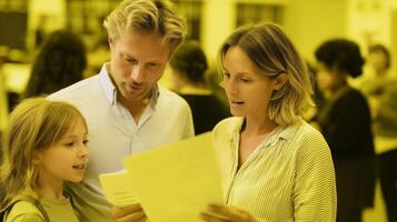 Family engages in discussion while reviewing documents at a community event in a busy indoor space photo