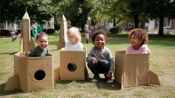 Children playing in cardboard rocket ships at a park during a sunny afternoon photo