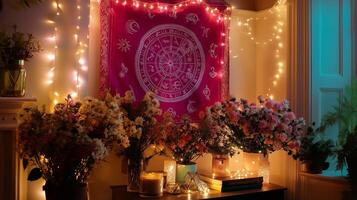 Decorative setup with flowers, string lights, and zodiac tapestry creating a cozy ambiance in a warm room at night photo