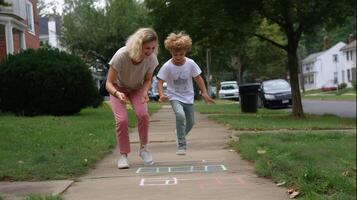 Mother and son enjoy playful hopscotch activity on a sunny day in a suburban neighborhood photo