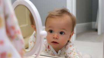 Baby explores reflections in a small mirror while sitting on the floor in a softly lit room during daytime photo